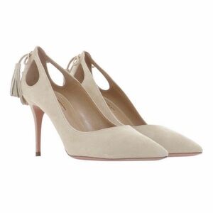Aquazzura Cream Suede Pointed-Toe Tassel High Heels